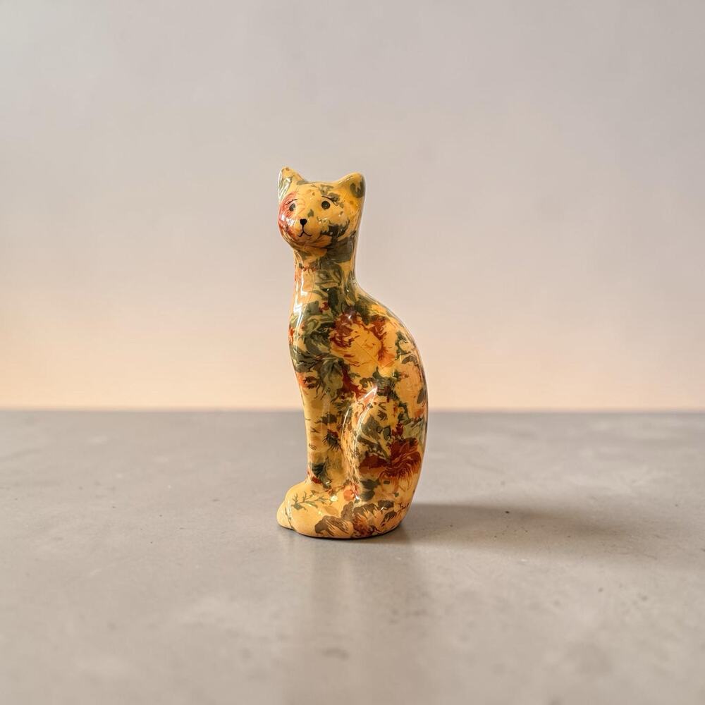 Vintage Floral Chintz Ceramic Cat Figurine Cottagecore Accent